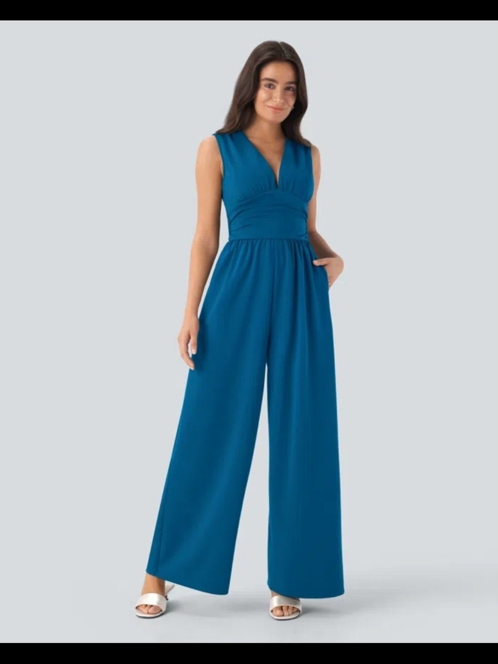 Halara V Neck Sleeveless Ruched Pocket Jumpsuit-Easy Peezy XL NWOT